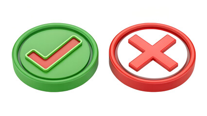 3D Green Check and Red Cross Icons of  UI Feedback & Approval Symbols on Transparent Background