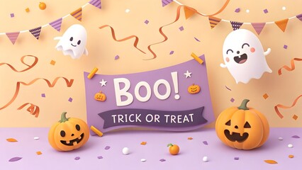 Fototapeta premium Cute Halloween Boo! Trick or Treat Banner with Friendly Ghosts and Pumpkins 3D Render