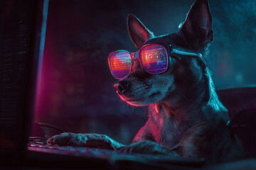 Cool Hacker Dog Working on Computer in Neon Light Cyberpunk Style