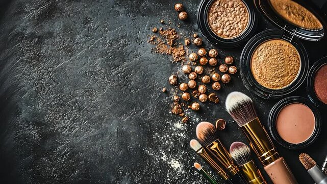 Luxe makeup arrangement with brushes, palettes, and decorative accents on a dark background