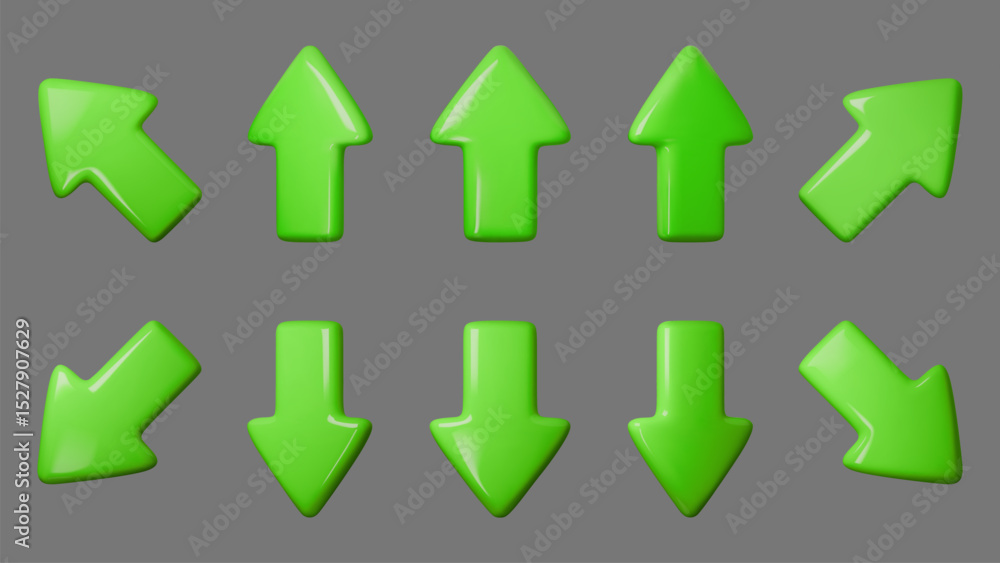 Poster glossy green arrow vector set on gray background, ideal for navigation, web design, and user interfa