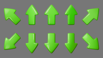Glossy green arrow vector set on gray background, ideal for navigation, web design, and user interfaces. Trendy 3D effect, perfect for digital projects and app development.