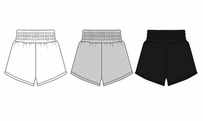 Set of  designs of sport shorts on elastic band in gray, black, white colors. Template of basic short shorts. Shorts for home, vacation, sleep, beach, walking in summer.