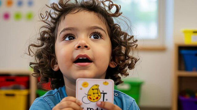 Curious child learns and engages with flashcards in a colorful classroom setting