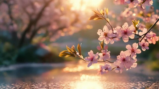 Pink cherry blossom branch with soft bokeh background creating spring seasonal atmosphere. Sakura flowers blooming during Japanese hanami festival season. Floral concept for beauty wellness