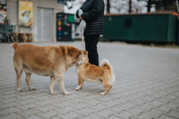 Two adorable dogs are seen outdoors on a paved urban street, interacting closely, while a person...