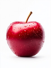 Close-up of a fresh red apple with water droplets, isolated on white background.