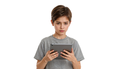 A young boy in a gray shirt holding a tablet device with a serious expression on his face on transparent background