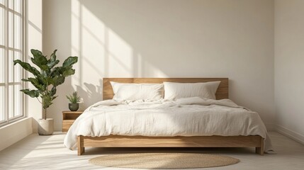 A Scandinavian-style minimalist bedroom with a wooden bed frame, beige linen bedding, and a small potted plant