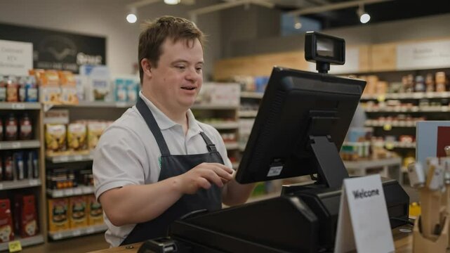 Smiling caucasian man wearing apron working at cash register in retail store. Male employee operating point of sale system professionally. Customer service concept for retail business
