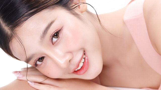 Close-up portrait of young Asian beautiful woman with K-beauty make up style and healthy and perfect skin. Facial and skin care concept for commercial advertising.
