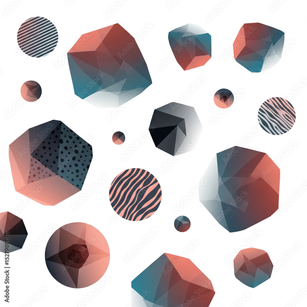 Poster abstract geometric composition with polyhedral forms and stylized spheres
