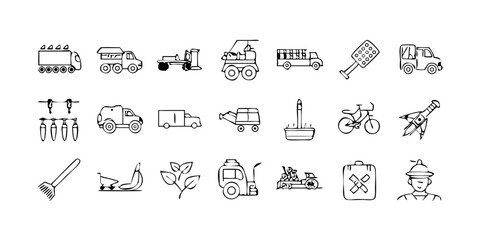 Vehicle, Agricultural, and Forestry Transport – Line Icon Set for Industrial and Environmental Use


