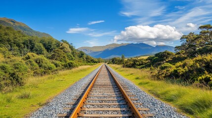 Fototapeta premium A serene view of a railway track stretching into the distance, framed by lush greenery and a clear blue sky, symbolizing journey and exploration.