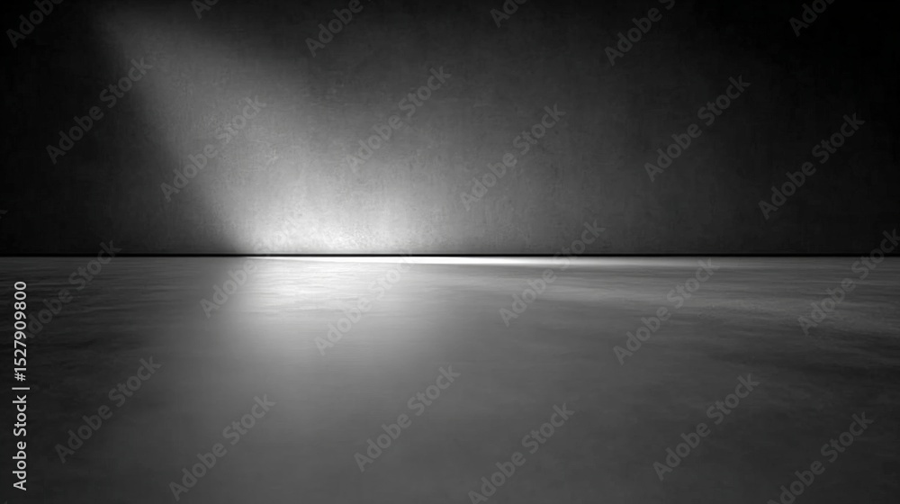 Poster a dim light illuminates a textured dark wall and smooth reflective floor, creating a minimalist and 