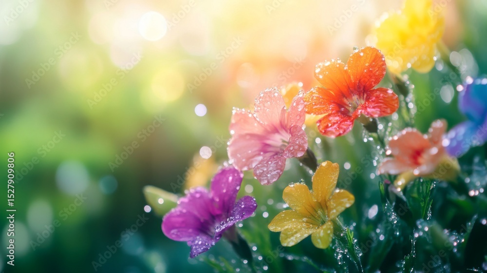 Poster a serene scene of a cluster of colorful wildflowers covered in morning dew, with droplets reflecting