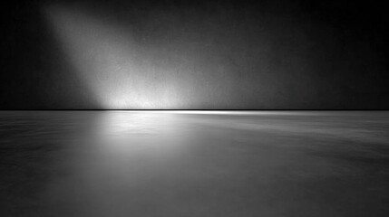 A dim light illuminates a textured dark wall and smooth reflective floor, creating a minimalist and moody atmosphere in an empty space.