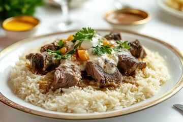 Middle Eastern Feast: A Plate of Jordanian Mansaf with Lamb and Yogurt.