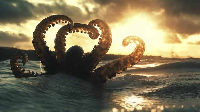 Tentacles of a large sea creature rise from the ocean waves against a setting sun, with dramatic lighting and clouds on the horizon, conveying a sense of movement and power.