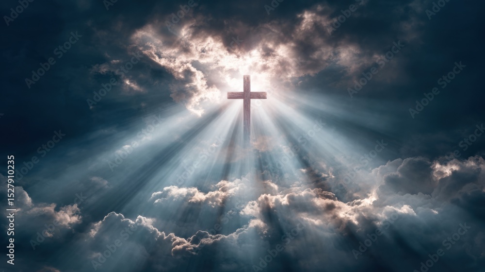 Poster rays of sunlight breaking through the clouds and shining down on the cross, representing the divine 