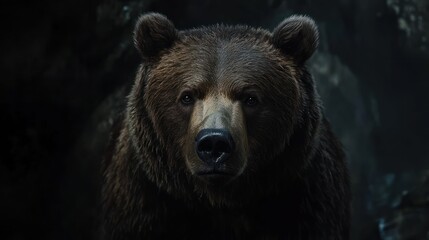 Fototapeta premium Close-up of a brown bear's face. Dark, shadowy background