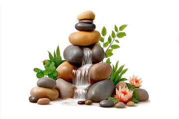 Serene 3D Render of Miniature Waterfall Cascading Over Stacked Stones with Lush Greenery and Orange Flowers