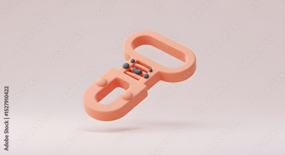 Poster 3d render of abstract orange key-shaped object with grey details on a pale pink background