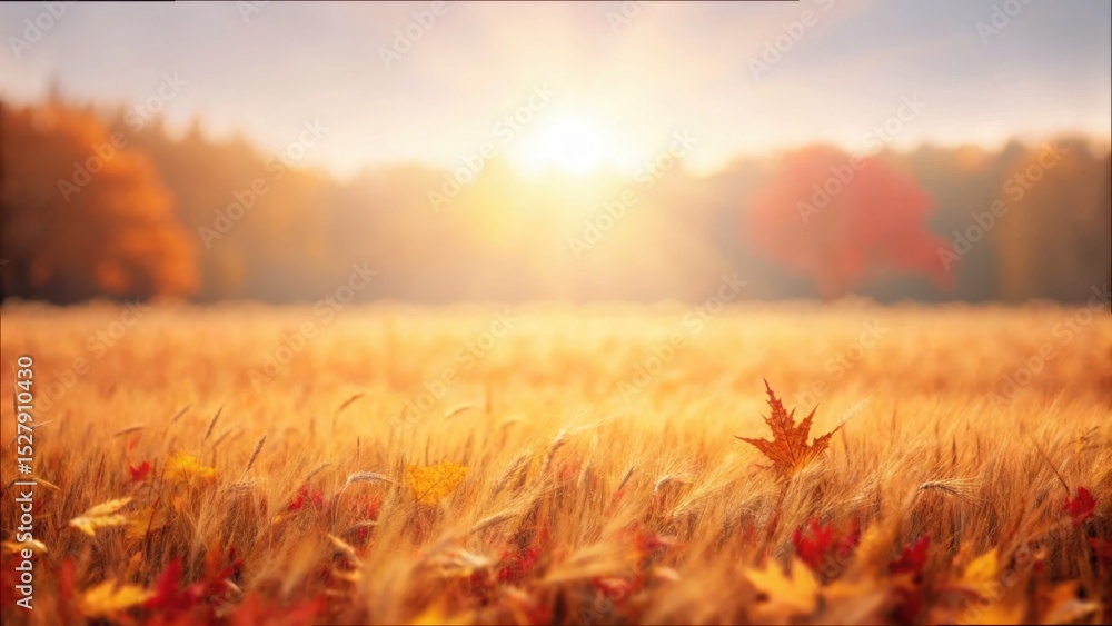 Poster autumn field with sun flare and focused red leaf in background