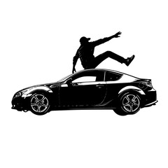 Naklejka premium black silhouette of a man jumping over a car black, car, jump, man, silhouette