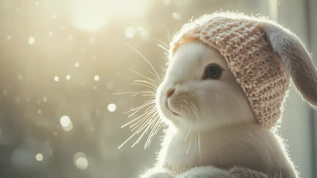 A white rabbit sits, wearing a knitted hat with ears, basking in soft light. The focus is on its face and whiskers, creating a serene moment with a blurred background.