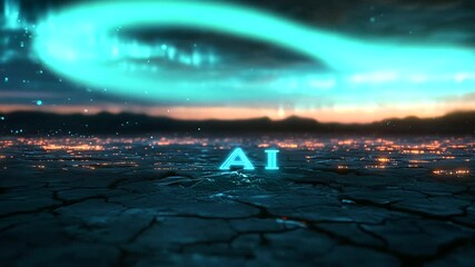 Stylized glowing AI typography rises from cracked earth in a glowing desert landscape, sky filled with data streams and auroras - Powered by Adobe