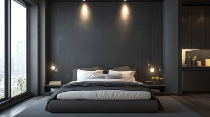 A sleek urban minimalist bedroom with a gray accent wall, simple decor, and industrial-style lighting