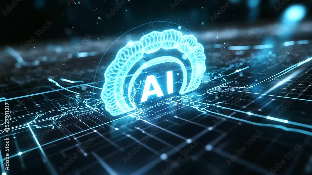 Poster bright white ai letters burst through sci-fi grid platform, electrical arcs dancing across surface w