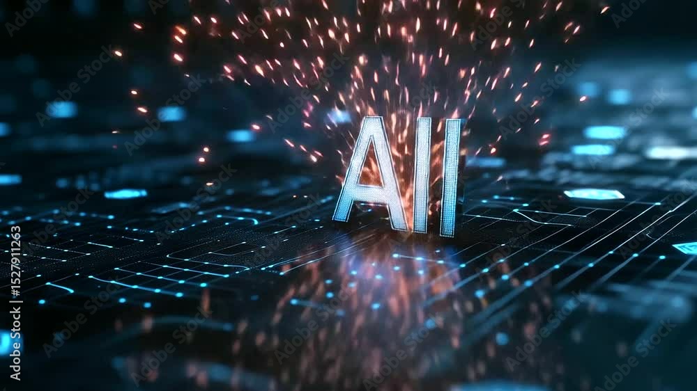Poster d chrome ai sculpture ascends from illuminated hexagonal panels on the ground, showered in a flurry 