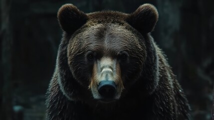 Close-up of a brown bear in a dark forest setting
