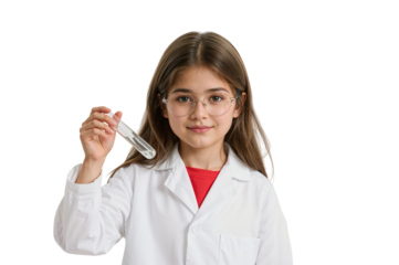 Young girl in lab coat holding test tube with liquid in a science experiment setting isolated shot on transparent background