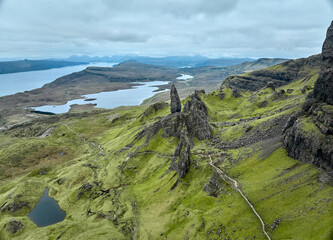 aerial view of the rocky landscape at the Old man of Storr on the Isle of Skye, Scotland, UK