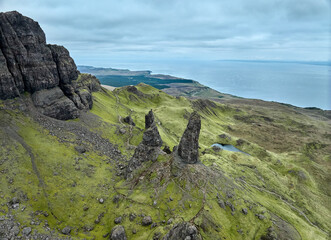 aerial view of the rocky landscape at the Old man of Storr on the Isle of Skye, Scotland, UK