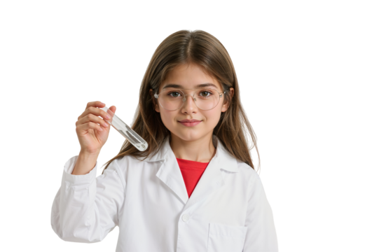 Young girl in lab coat holding test tube with liquid in a science experiment setting isolated shot on transparent background
