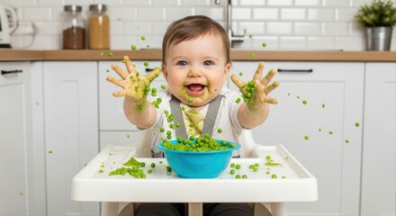 Happy baby in high chair making a joyful mess while eating green peas in the kitchen