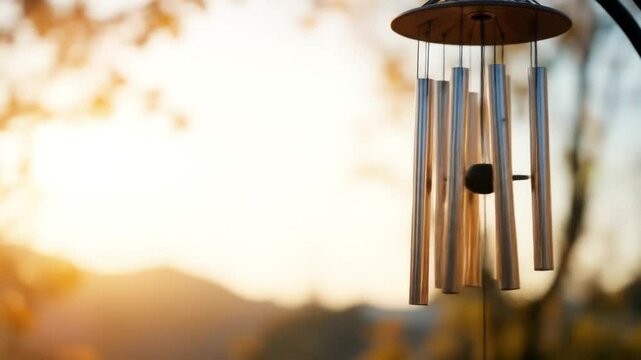 Metal Wind Chimes Blowing in the Breeze with Soft Bokeh