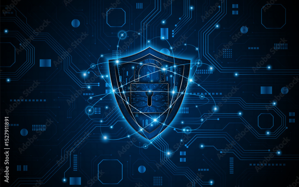 Poster Abstract technology circuit board background. Cyber ​​security concept with shield symbol and lock. Data protection and cyber privacy. modern security technology innovation concept background	