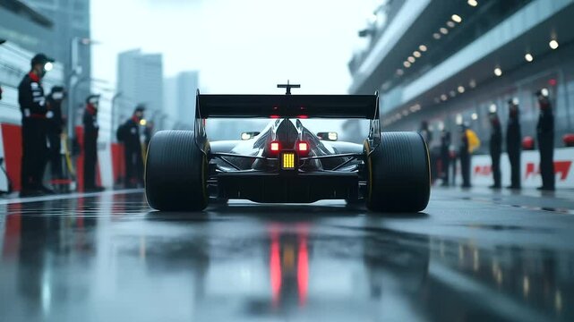 Back view of an aerodynamic Formula One racer with oversized rear tires gripping the damp asphalt, pit crew in the background, tension in the air