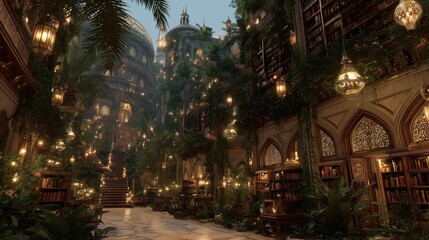 Enchanting library with lush greenery, vintage lanterns, ornate architecture, and classic books