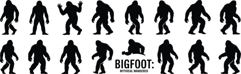 Bigfoot Silhouettes in Various Poses: Mysterious Cryptid Designs for Fantasy, Adventure, and Cryptozoology Projects