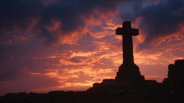 The towering silhouette of a stone cross against a dramatic sunset sky, a symbol of hope and perseverance in the face of lifes challenges.