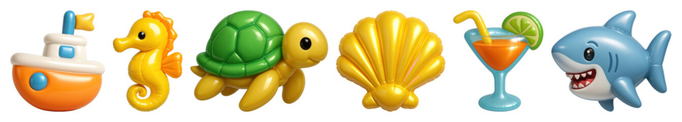 Fototapeta premium PNG Colorful marine-themed cartoon icons, element set on transparent background