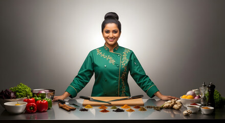 Smiling female chef stands behind her counter featuring vibrant spices and fresh ingredients, ready to create delicious meals in a bright kitchen studio.