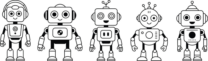Fototapeta premium Adorable Cartoon Robot Characters in Various Styles: Perfect for Kids, Tech, and Design Projects