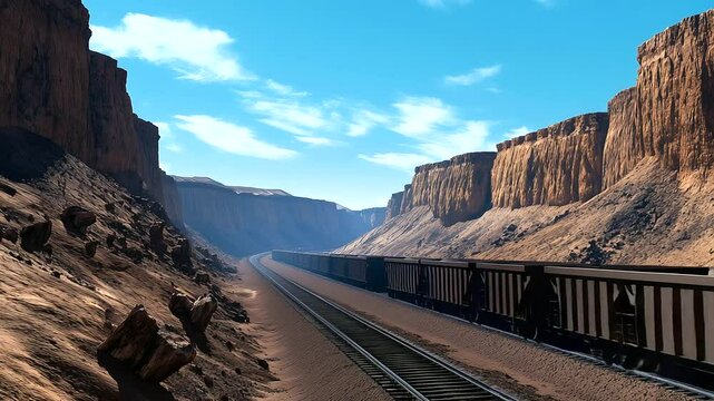 Bulk rail wagons transporting minerals through dry canyon with towering cliffs on both sides